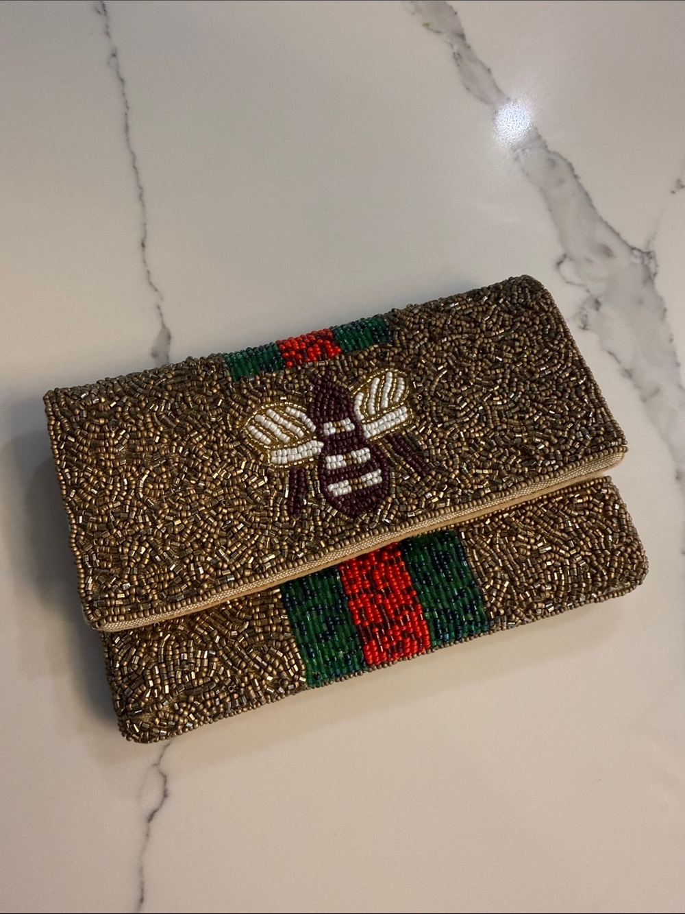 Gold Beaded Fold-Over Clutch with Bee Motif